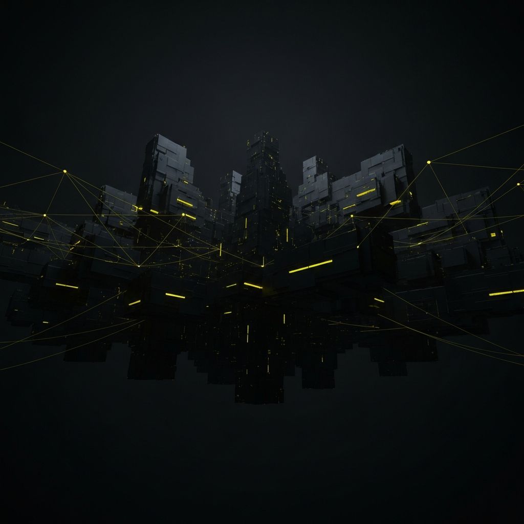 Infraestrutura enterprise digital flutuando em espaco escuro com linhas amarelas de dados